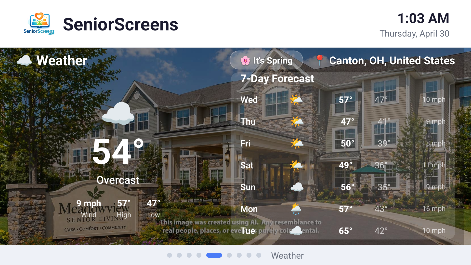 Add your facility to the background and your city. Our portal will display the local weather and tell what season it is.