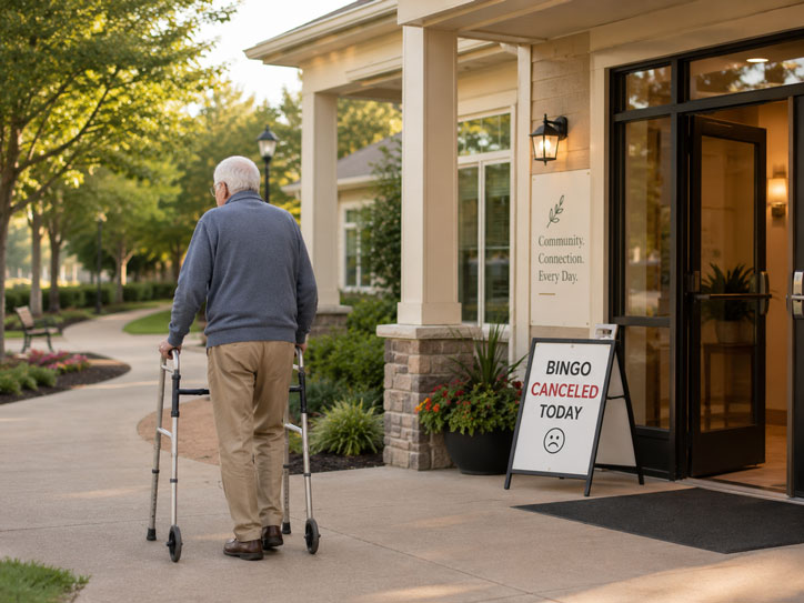 Senior man with a walker walking away from a senior living facility after learning bingo was canceled