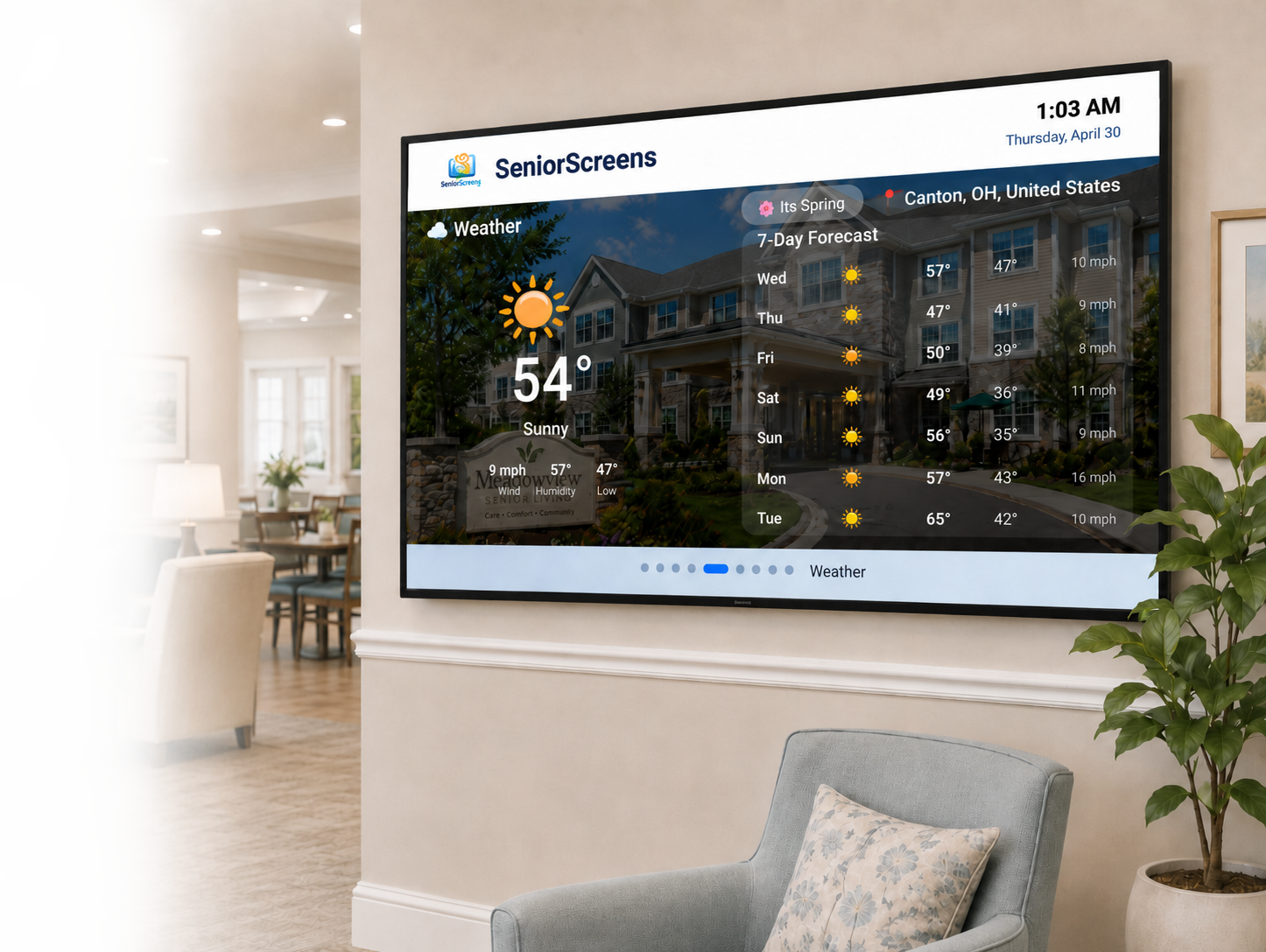 SeniorScreens TV display mounted inside a senior living facility