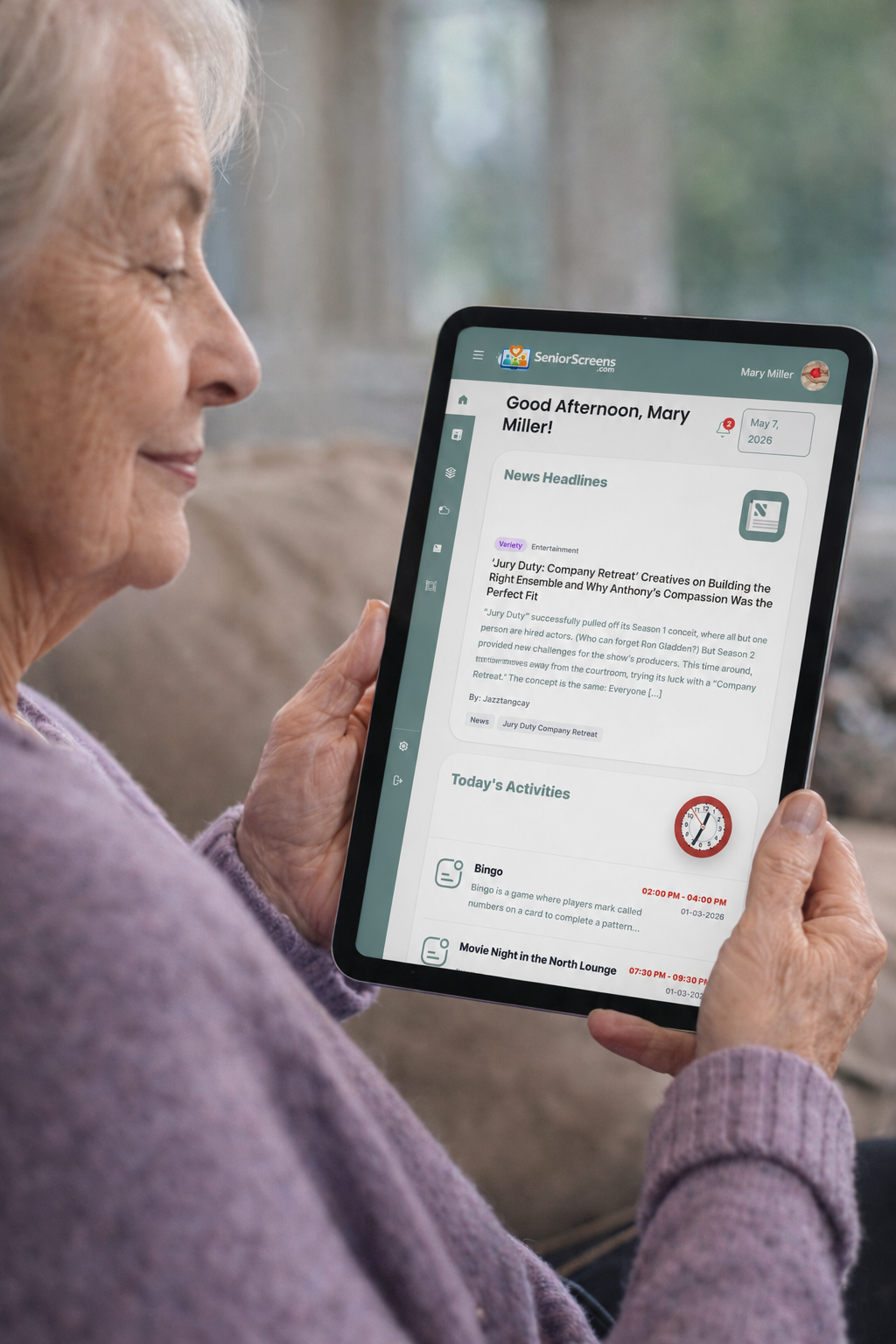 Elderly woman using a tablet to view SeniorScreens daily updates