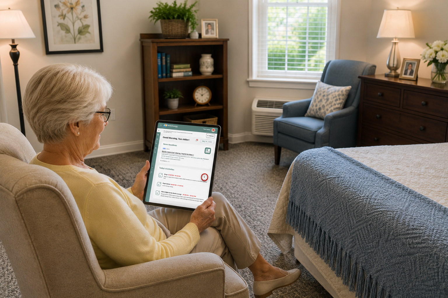 Assisted living resident using SeniorScreens on an iPad in her room