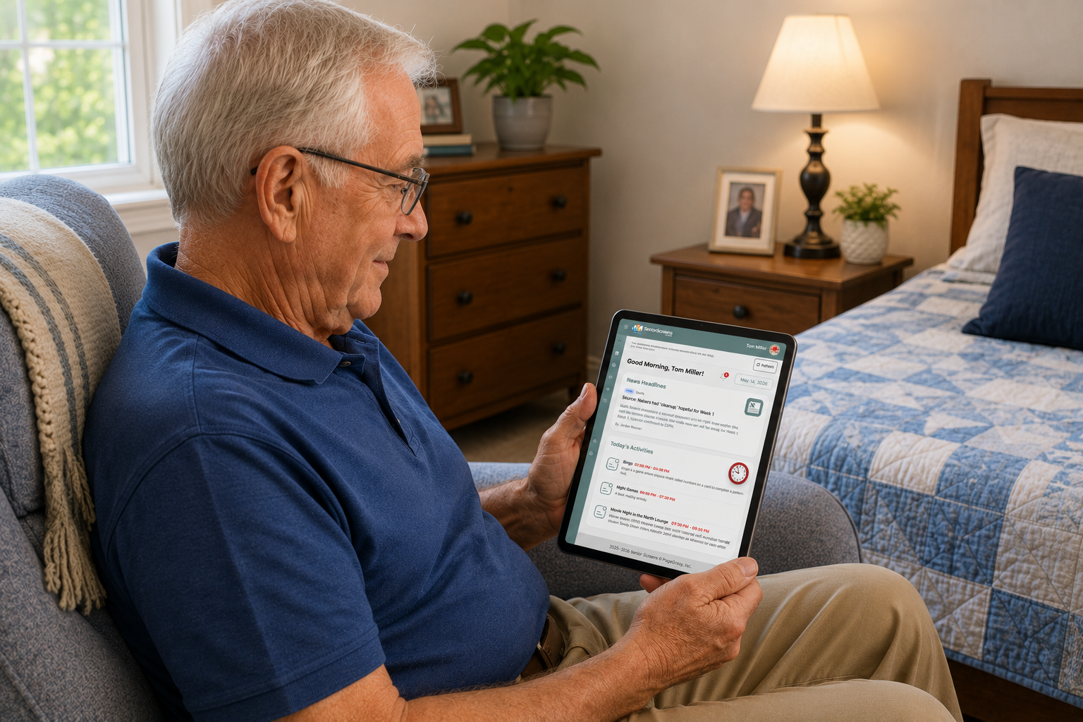 Assisted living resident using SeniorScreens resident communication software on an iPad in his room
