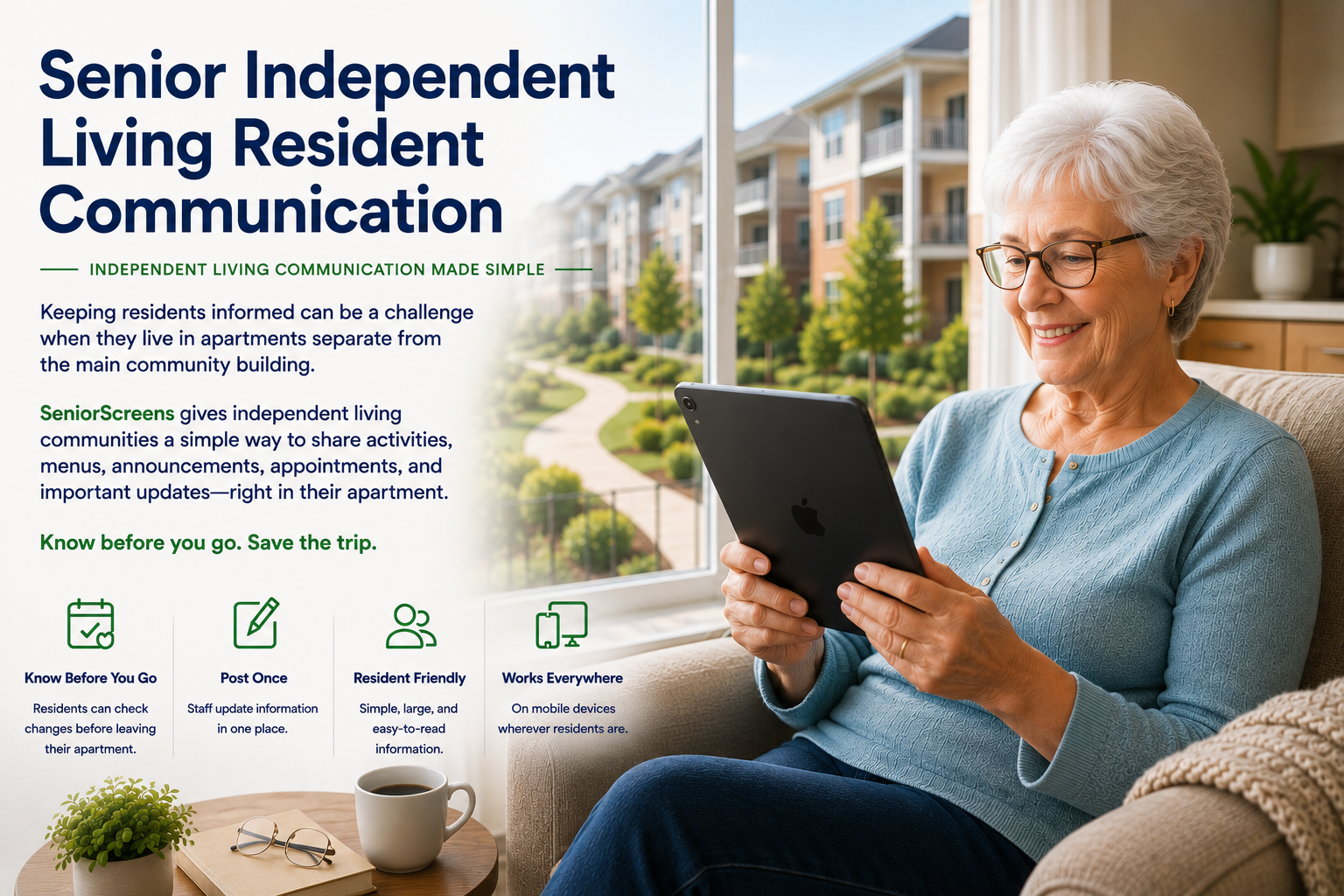 Senior independent living resident using SeniorScreens on an iPad