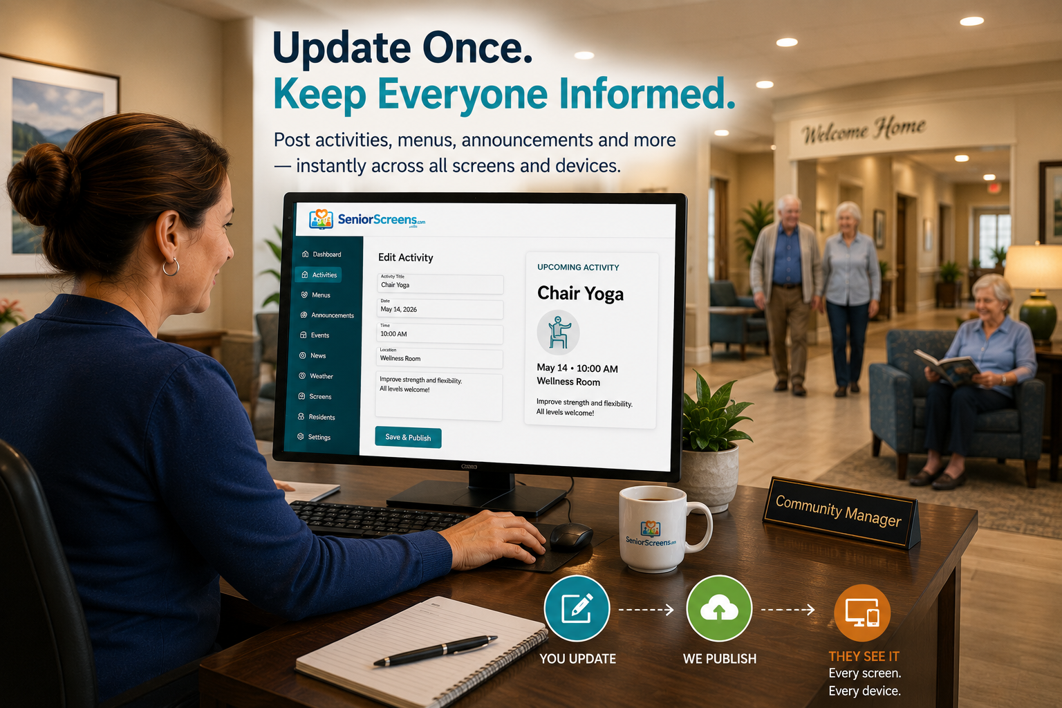 Senior living software staff update once and keep residents informed with SeniorScreens