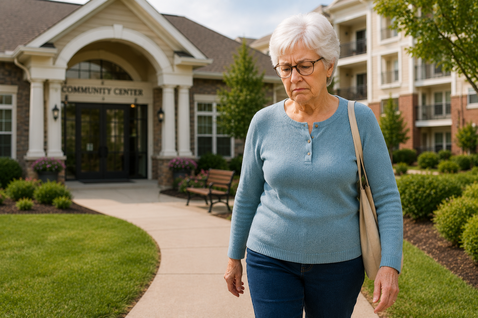 Independent living resident walking back from the main community building